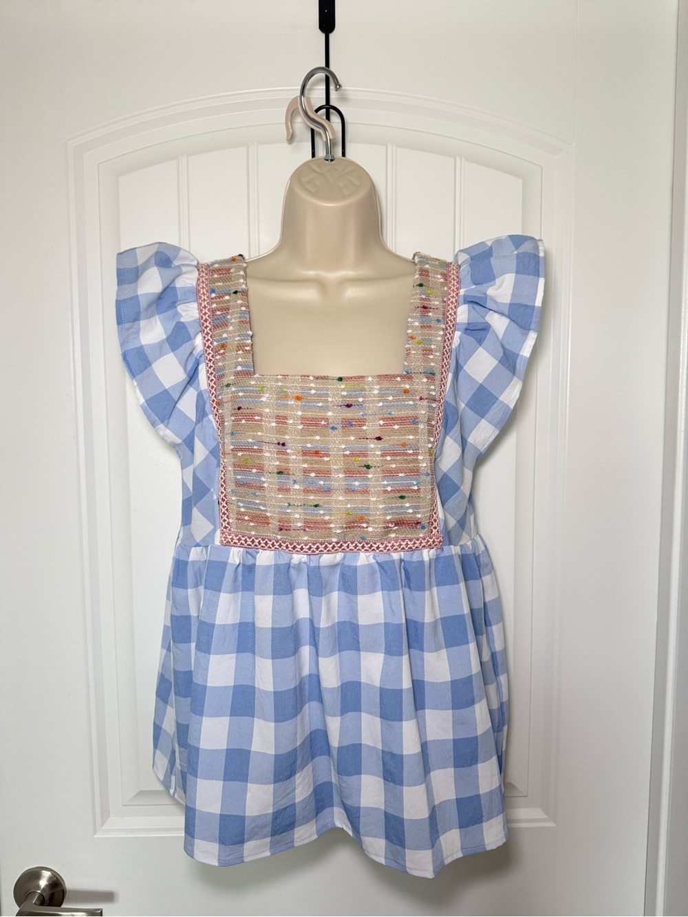 Entro Small Blue Gingham Ruffle Sleeve Beaded Square Neck Babydoll Top Coquette